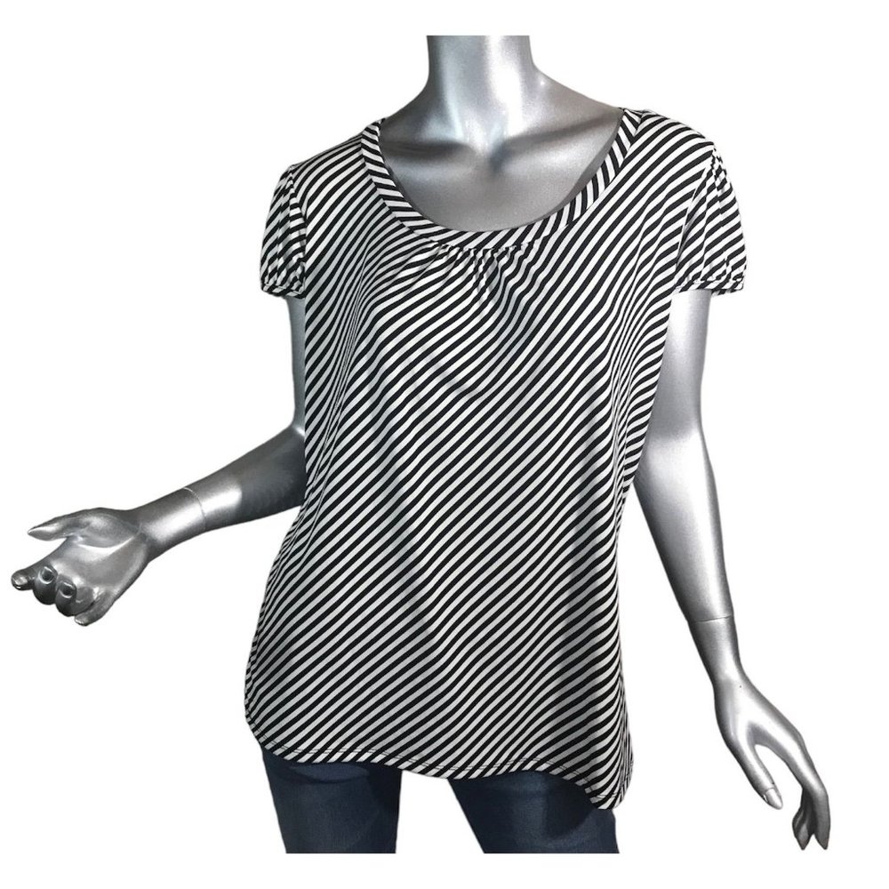 Worthington Women's XL Tunic Top Black & White Striped Soft Stretch Blouse Pleat